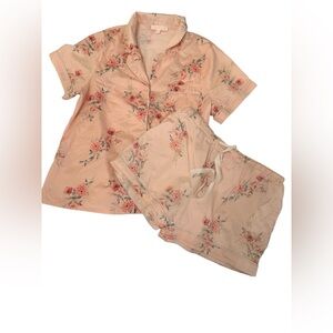 Le Rose Floral Cotton Pajama Set Short Sleeve Button Top Shorts Medium Pink